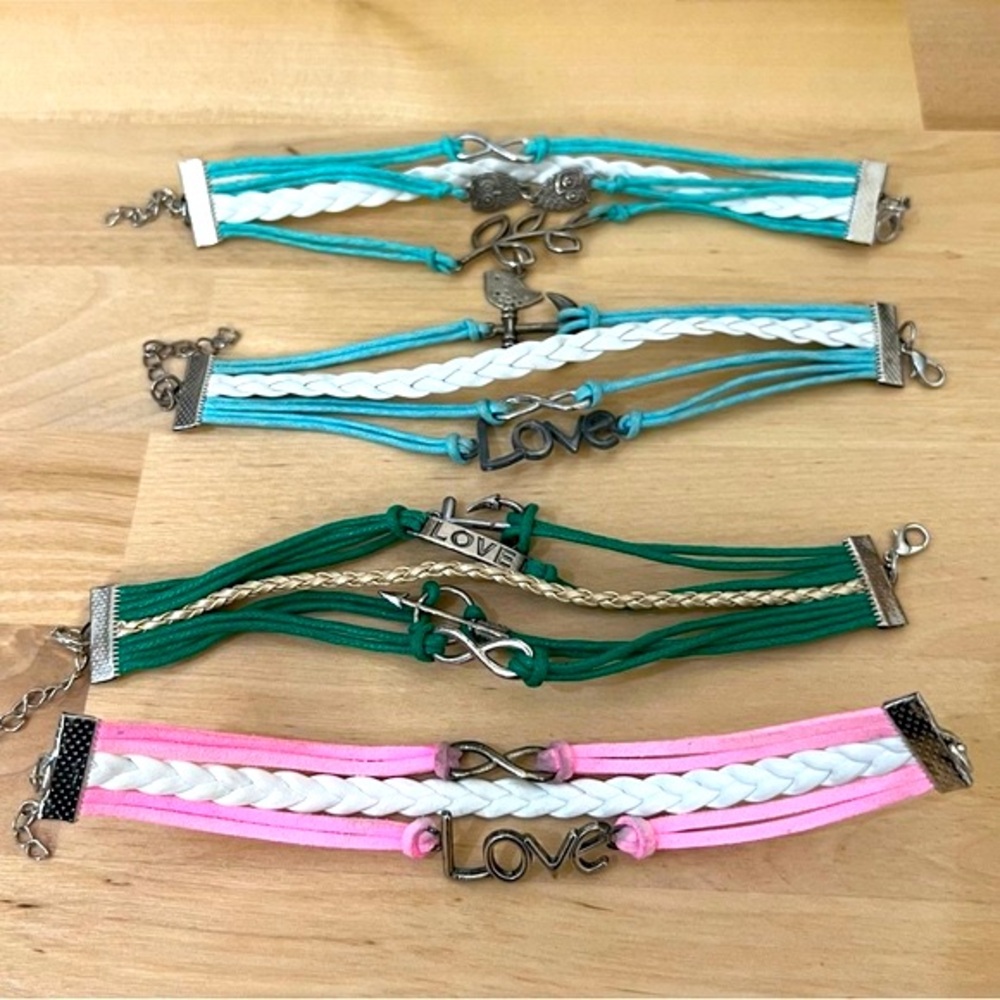 Four leather braided charm wrap bracelets pink blue and green bracelet set
